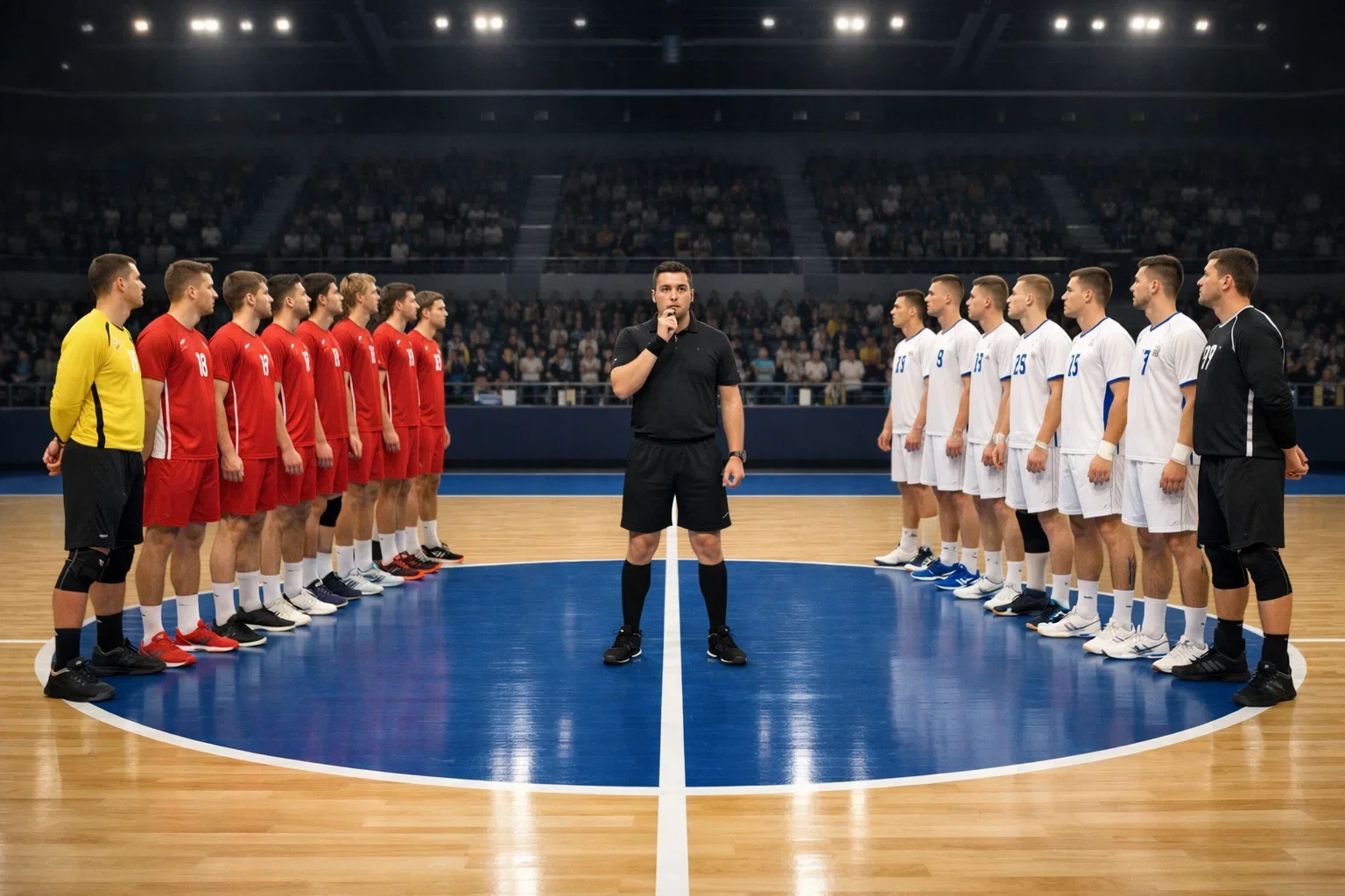 Zwei Handball Teams beim Anwurf in der Spielfeldmitte