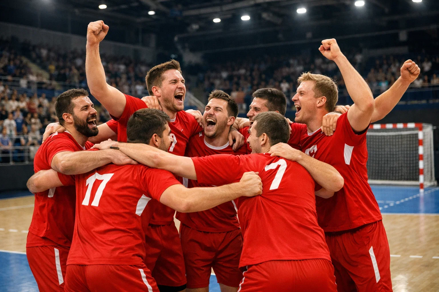 Handball Mannschaft feiert einen Sieg auf dem Spielfeld