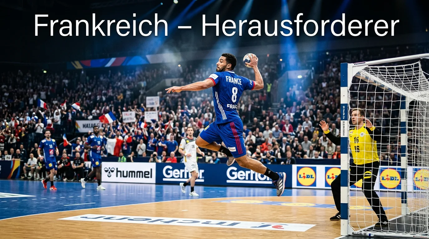 Französischer Handballspieler in blauem Trikot beim kraftvollen Sprungwurf in einer Halle