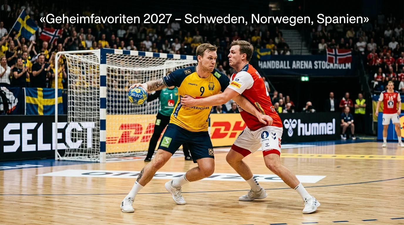 Dramatische Handballszene mit Spielern im Zweikampf vor dem Tor in einer großen Halle