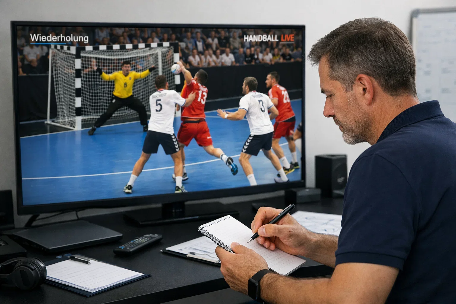 Handball Trainer analysiert Gegner mit Videomaterial