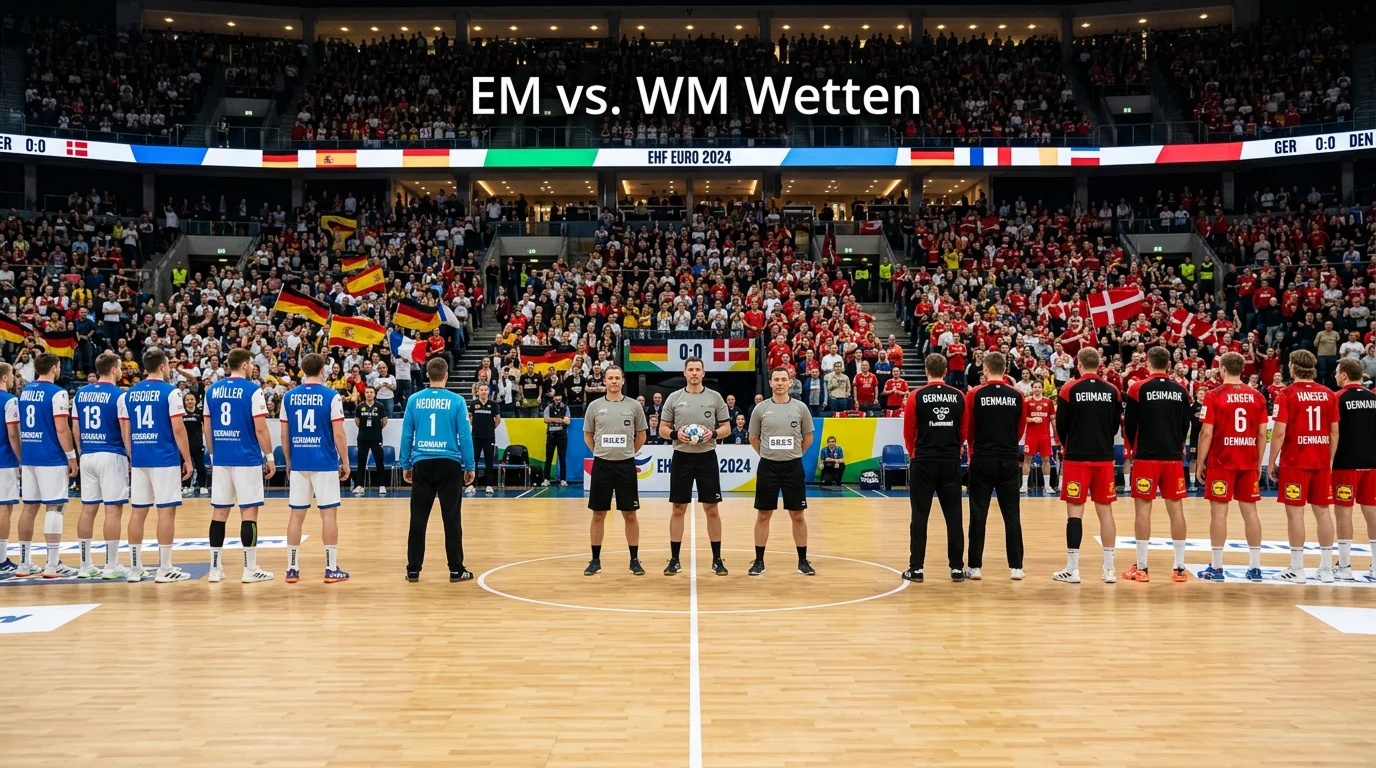 Zwei Handball-Teams stehen sich auf dem Spielfeld gegenüber vor dem Anpfiff