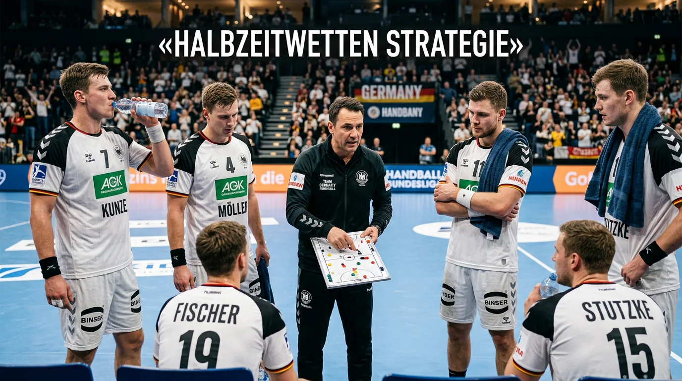 Handball-Spieler während einer Auszeit in der Halbzeitpause mit Trainer