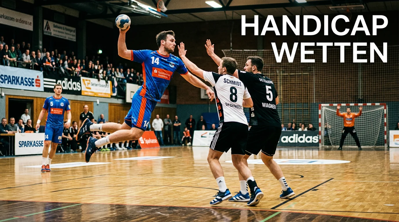 Handball-Spieler beim Sprungwurf über die Abwehr in einer Arena