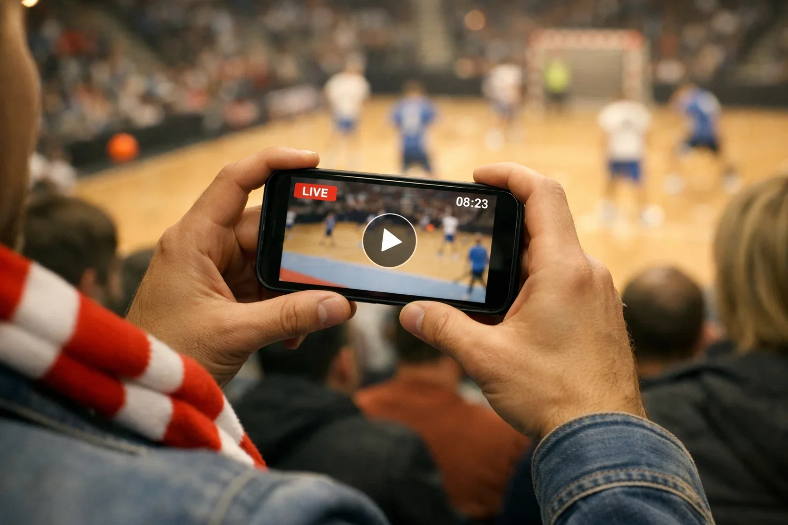 Fan verfolgt Handballspiel live im Stadion mit Smartphone in der Hand