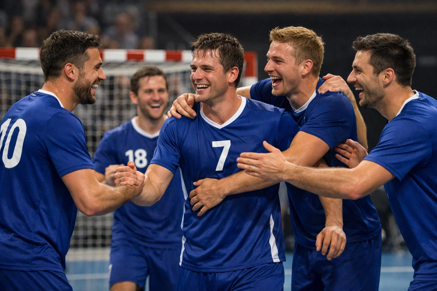 Handball Spieler feiert Tor mit Teamkollegen