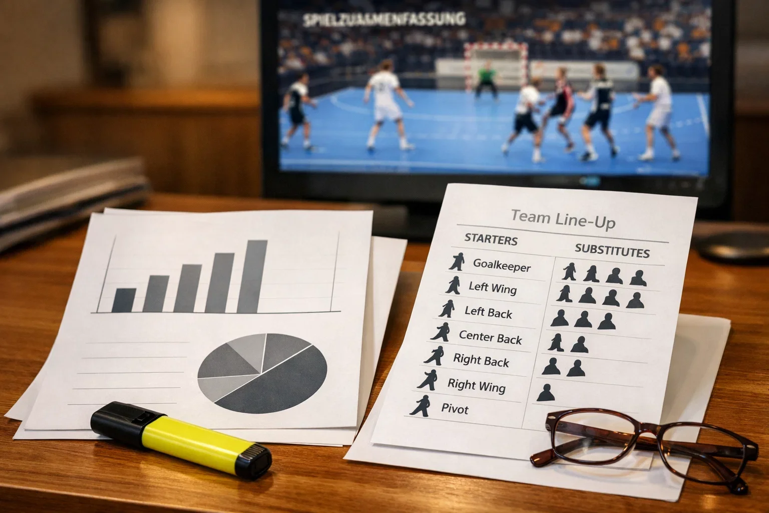 Sportanalyse-Dokumente mit Statistiken und Notizen auf einem Schreibtisch