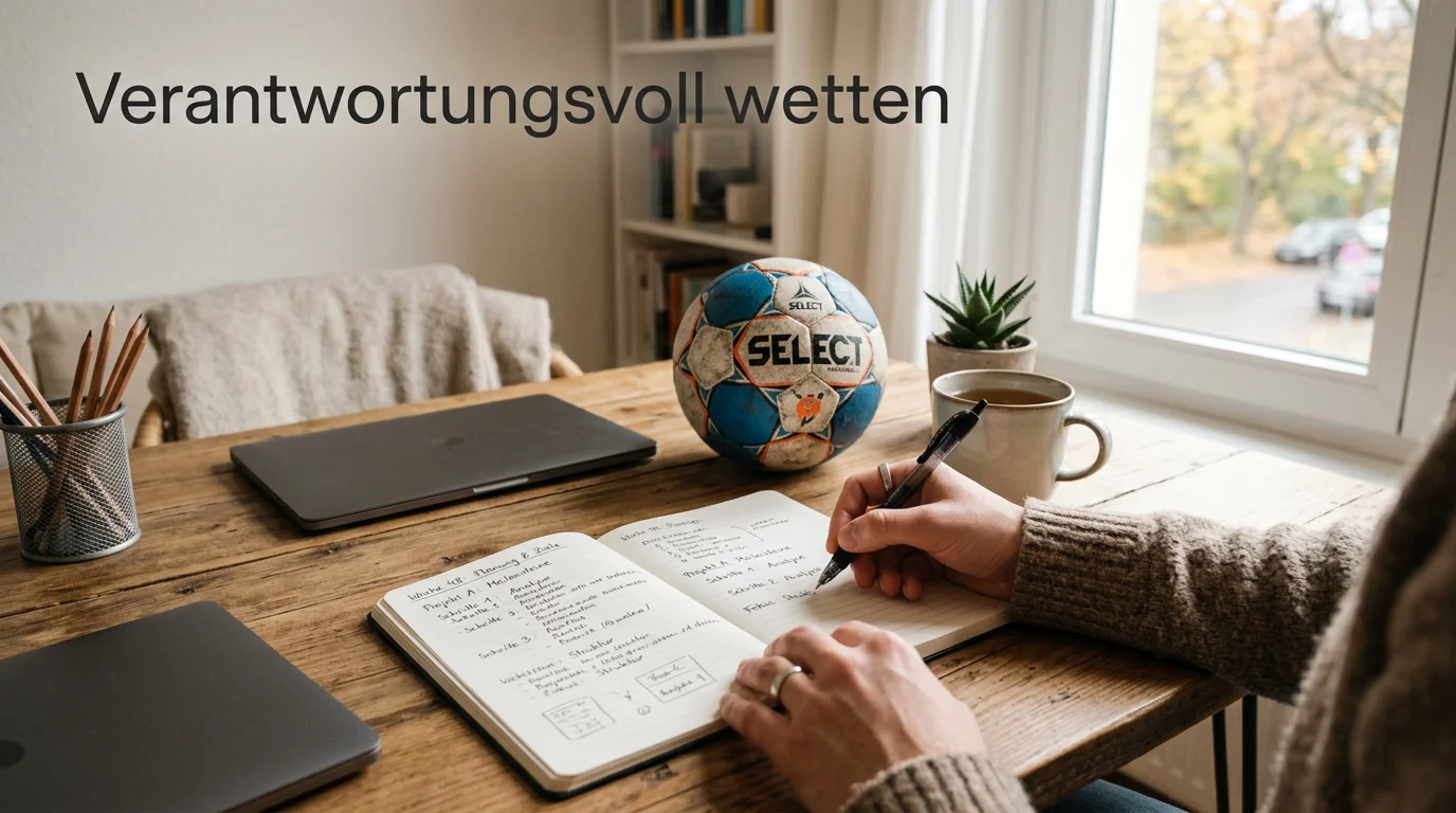 Person macht sich Notizen in einem Notizbuch neben einem Handball