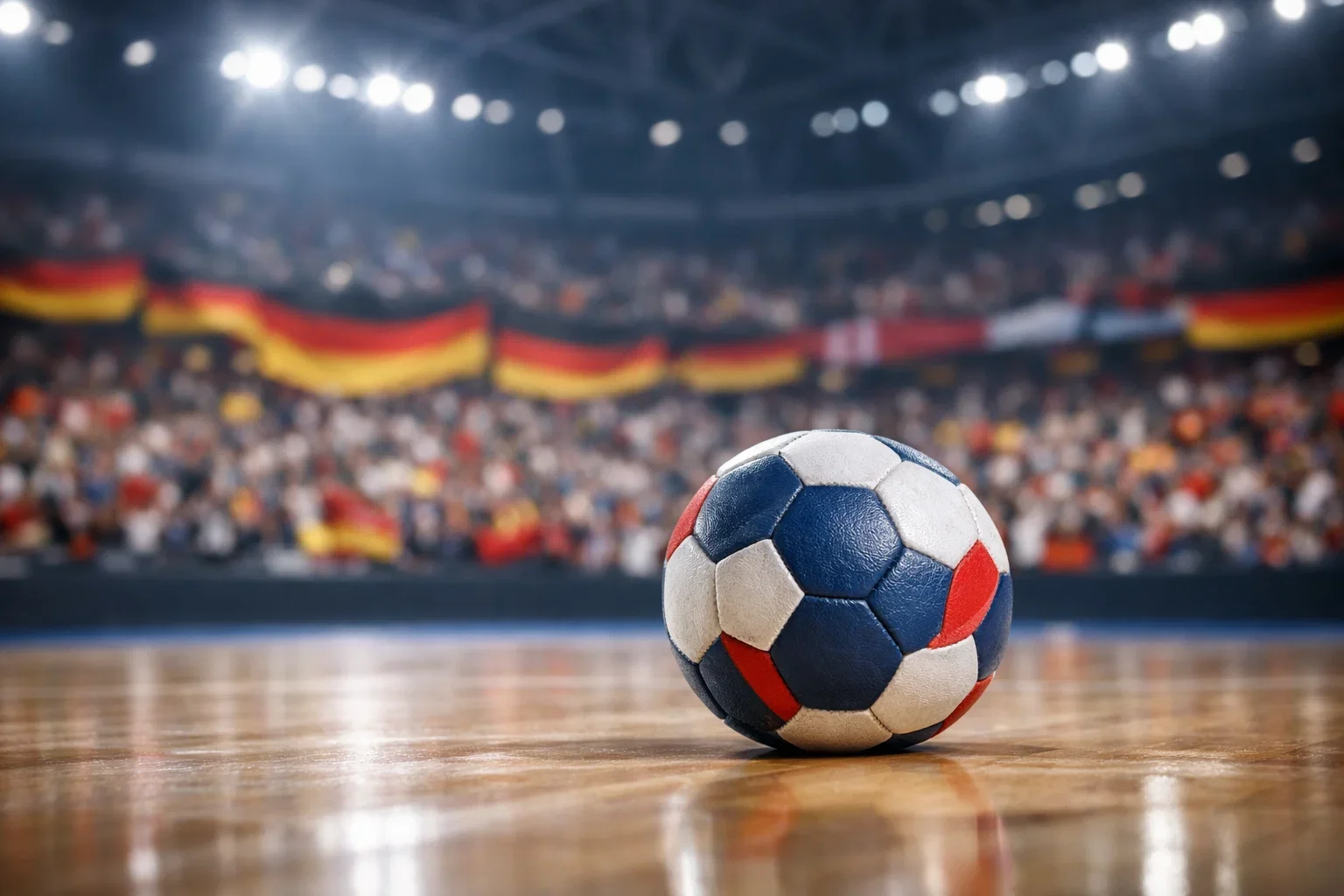 Deutsche Flagge und Handball bei einem internationalen Turnier