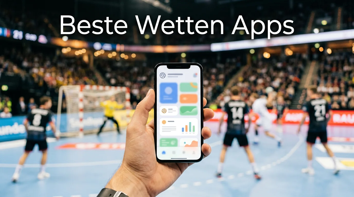 Hand hält Smartphone mit Sportwetten-App in einer Handball-Arena