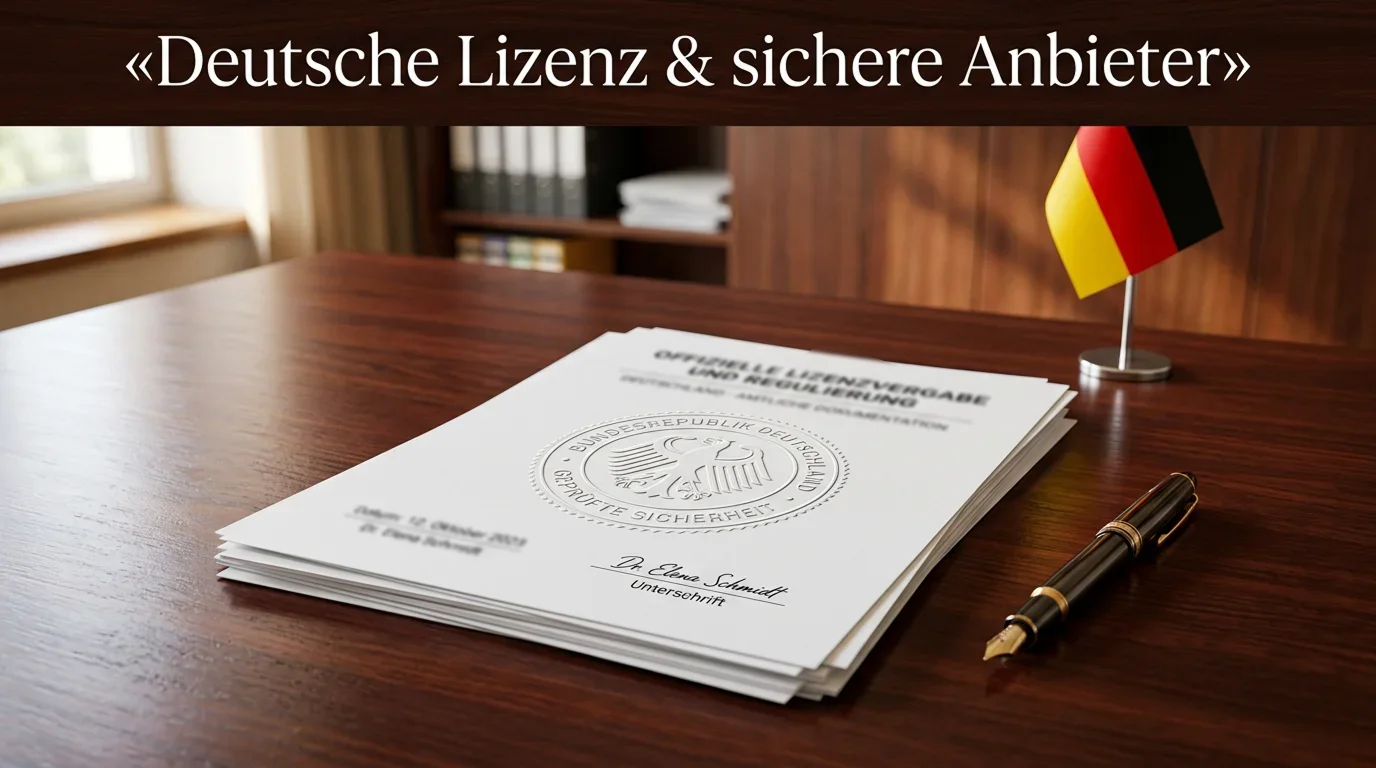 Offizielle Dokumente und ein Siegel auf einem Schreibtisch symbolisieren die deutsche Wettlizenz