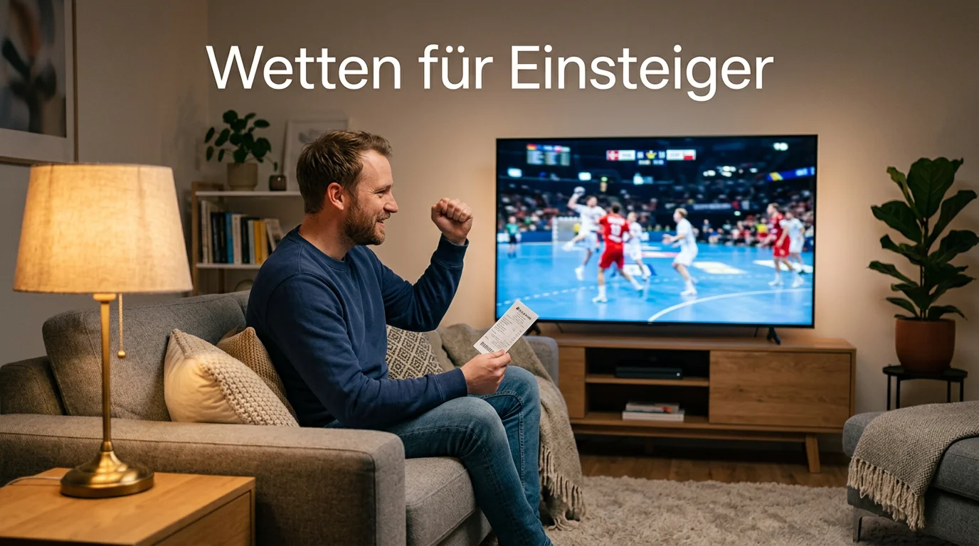 Person schaut ein Handball-Spiel im Fernsehen und hält einen Wettschein