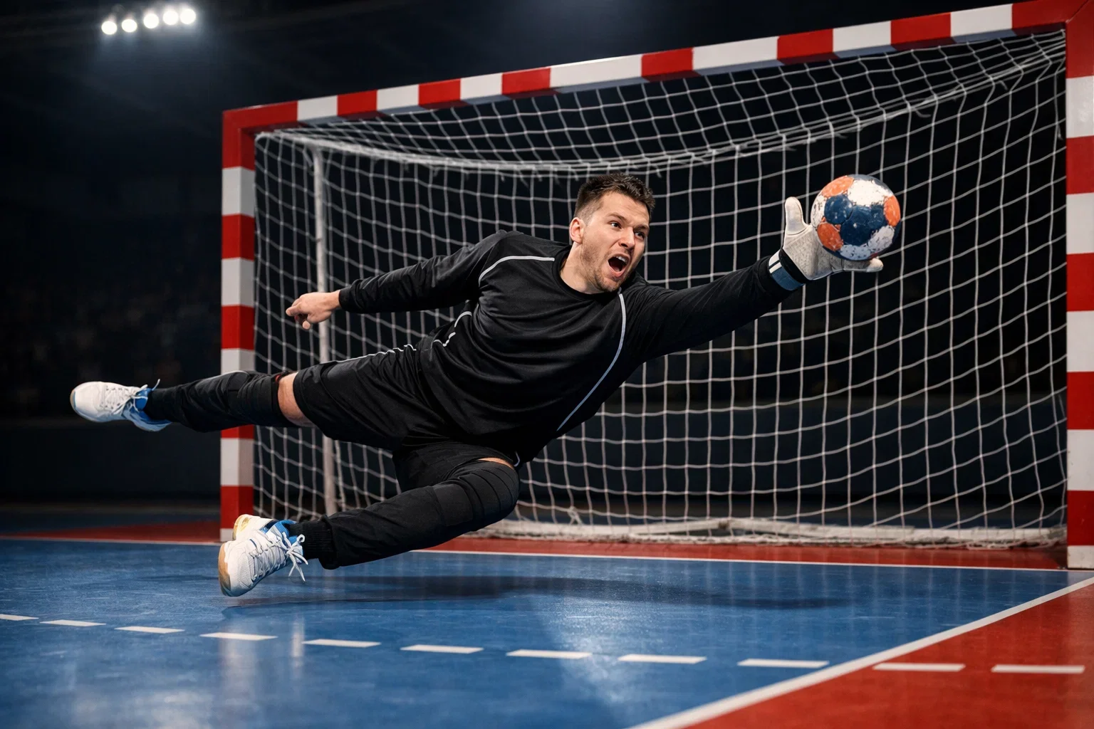 Handball Torwart hält einen Wurf im Sprung