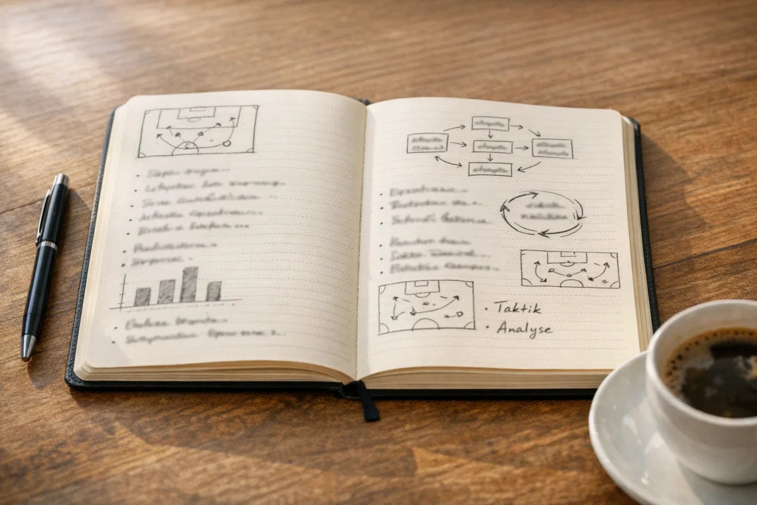 Notizblock mit Handball Spielanalyse und Stift