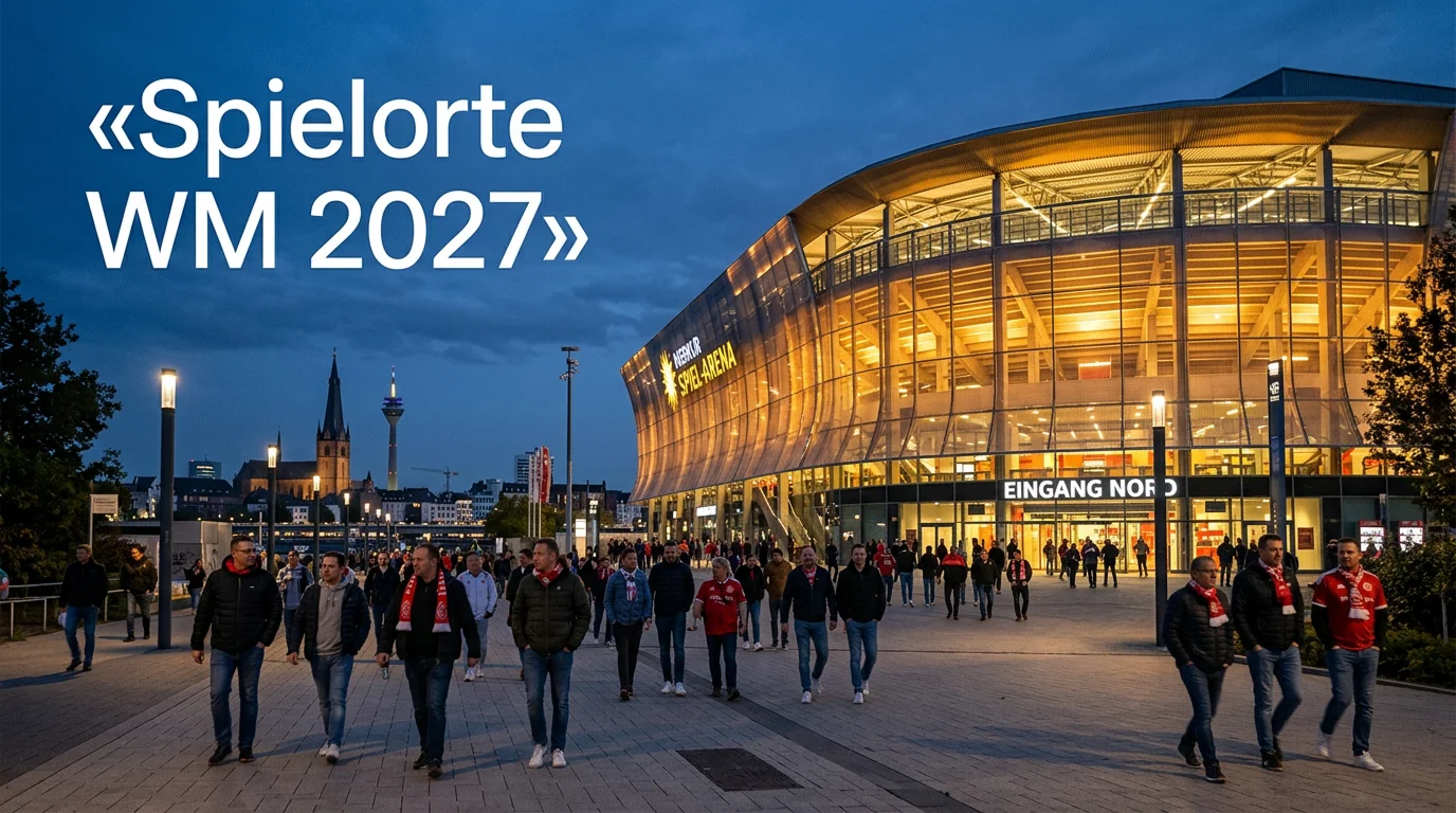 Außenansicht einer großen Handball-Arena in Deutschland bei Abendbeleuchtung