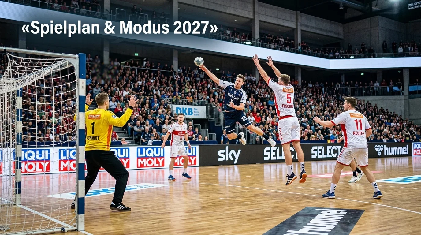 Handball-Spielfeld in einer großen Arena während der WM mit Spielern in Aktion