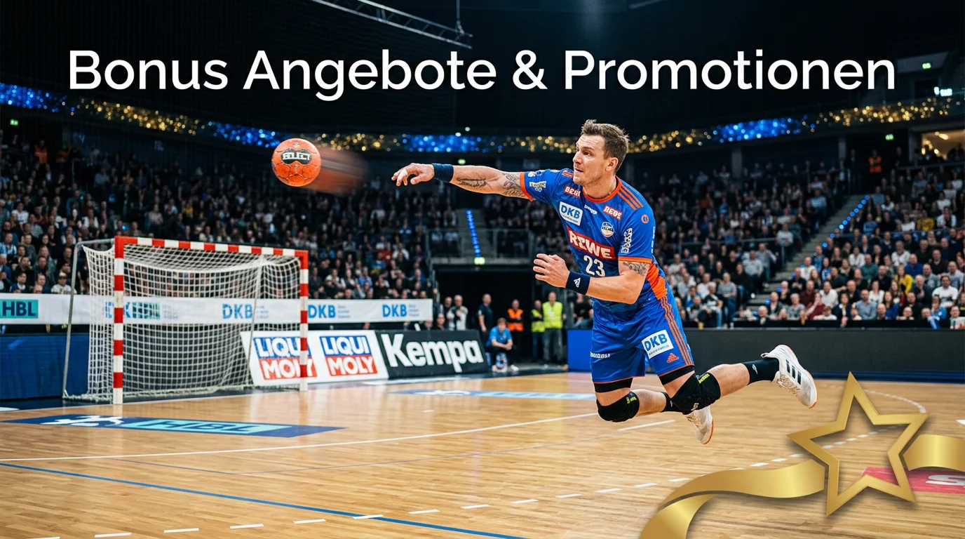 Handballspieler beim Torwurf mit einem großen Bonus-Symbol im Vordergrund der Arena