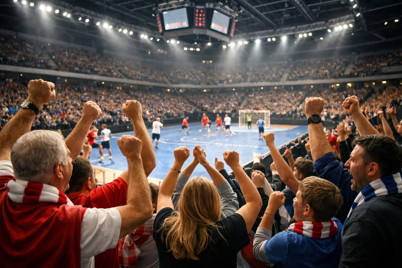 Handballfans jubeln in einer vollen Arena