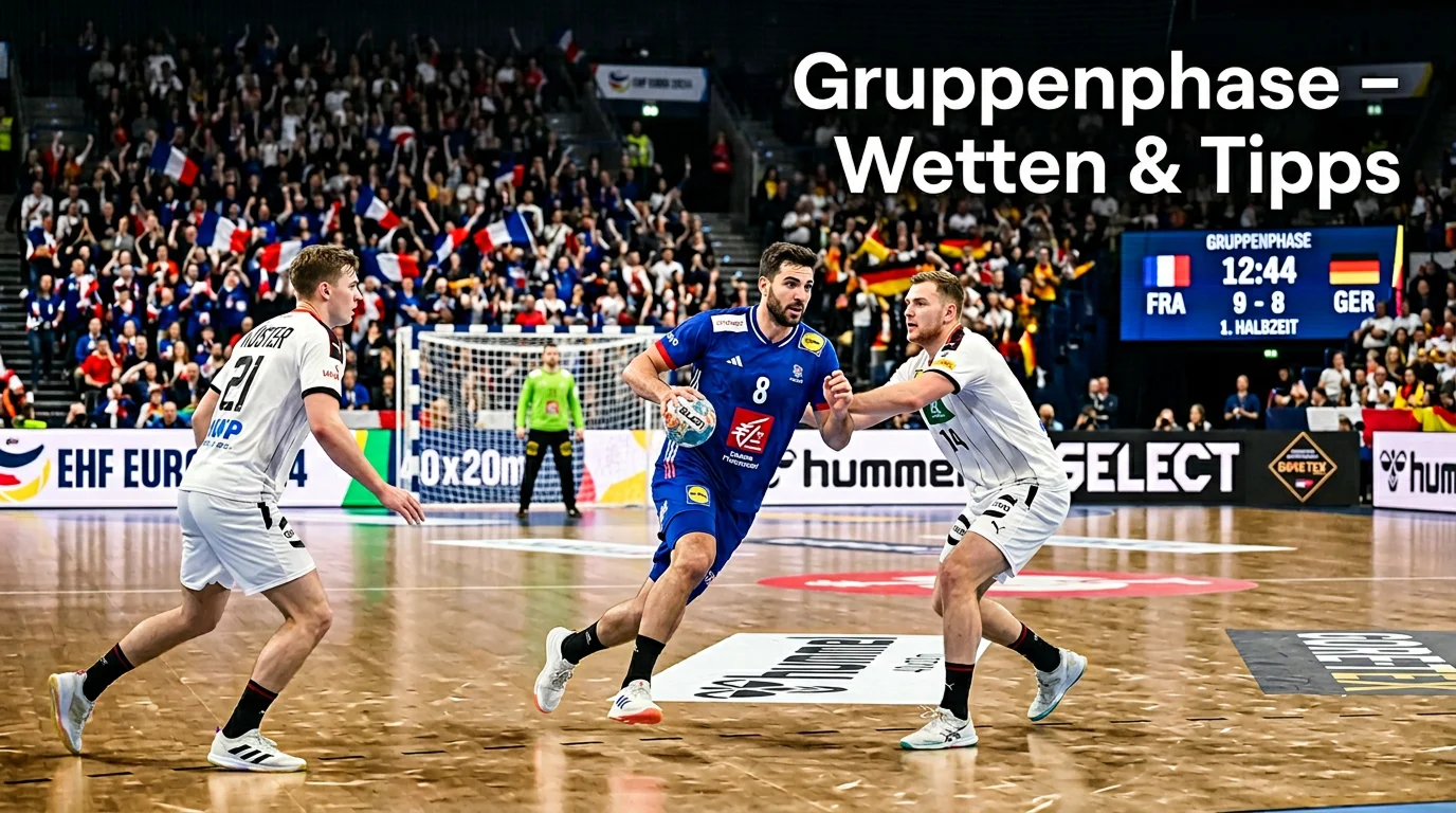 Handballspieler im Angriff während eines Gruppenspiels in einer WM-Arena mit Zuschauern