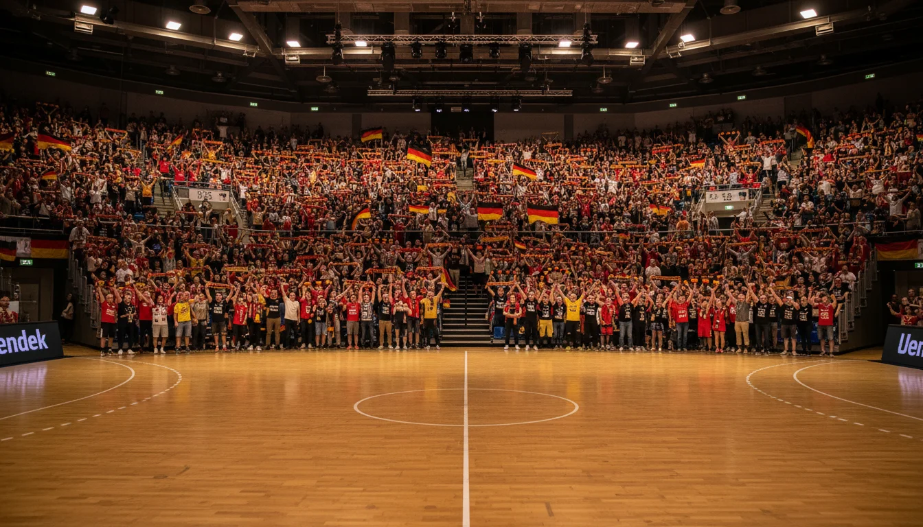 Begeisterte Handball-Fans mit Deutschlandflaggen in einer vollen Arena