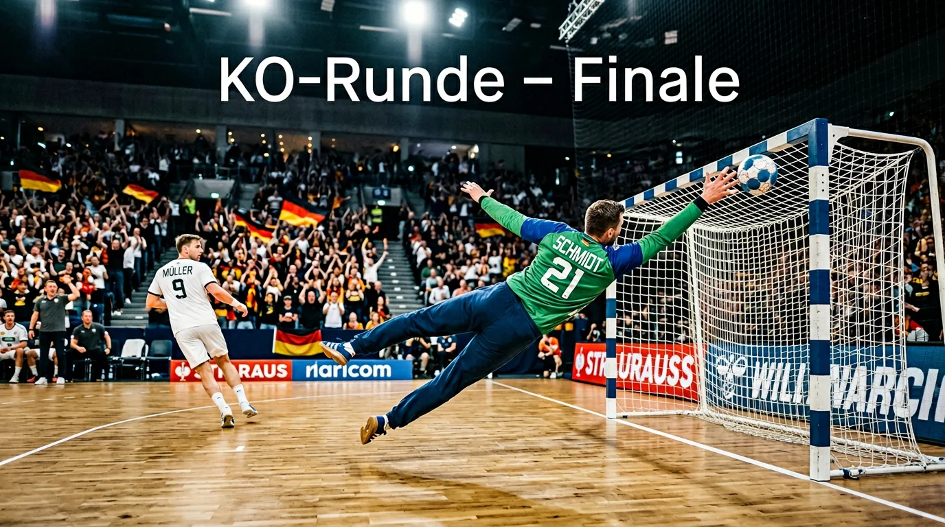 Spannender Moment in einem Handball-Halbfinale mit Torhüter und Werfer im Duell