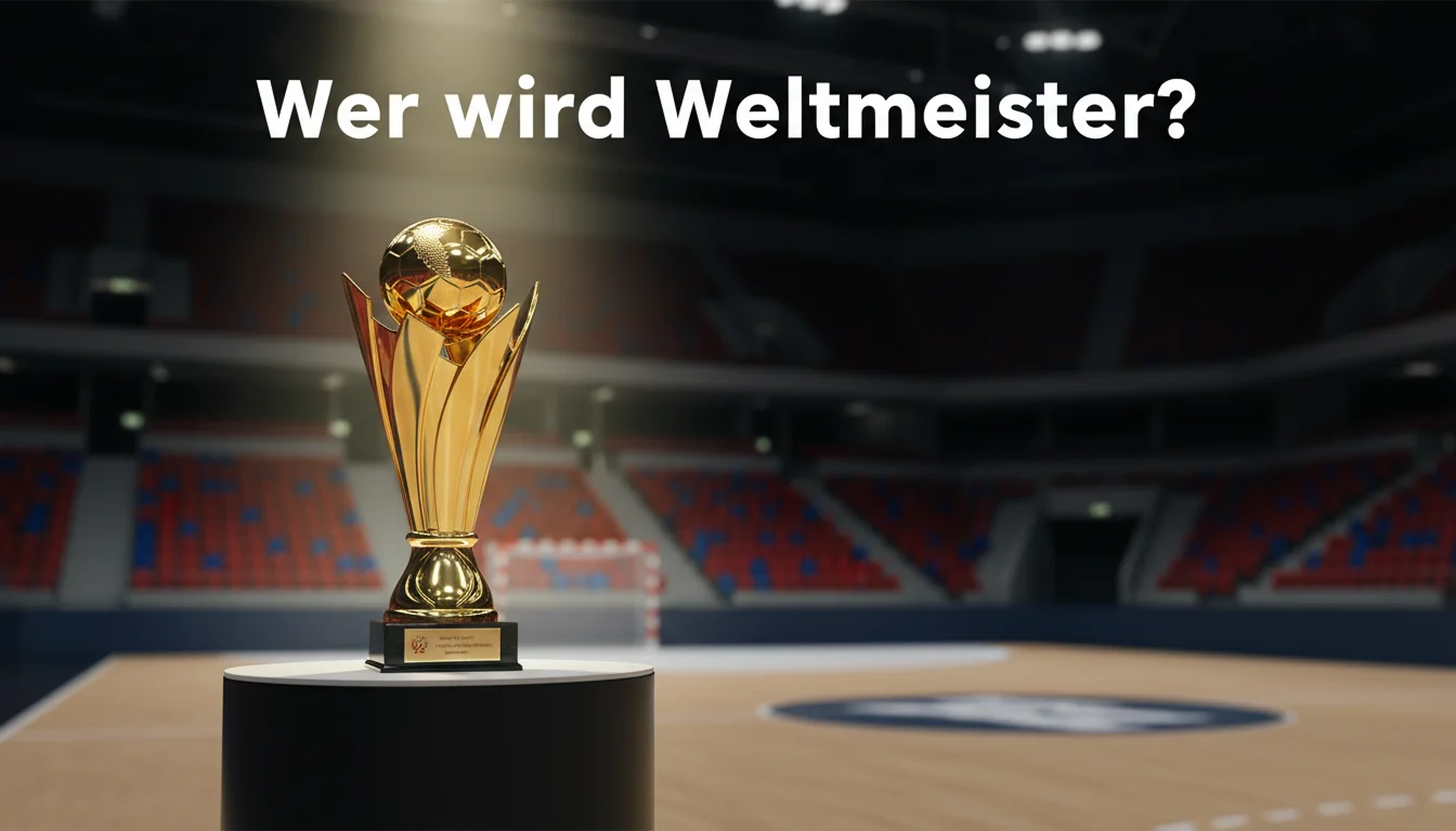 Goldener WM-Pokal auf einem Podest mit Handball-Arena im Hintergrund