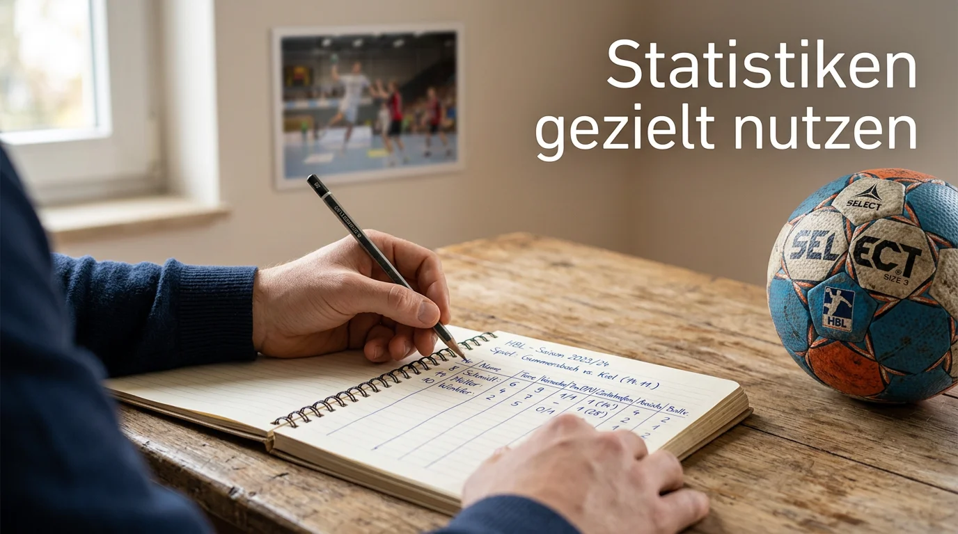 Person studiert Handball-Spielstatistiken in einem Notizbuch neben einem Handball