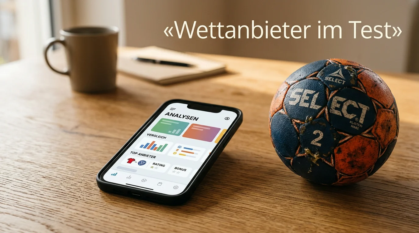 Smartphone mit Sportwetten-Oberfläche neben einem Handball auf einem Tisch