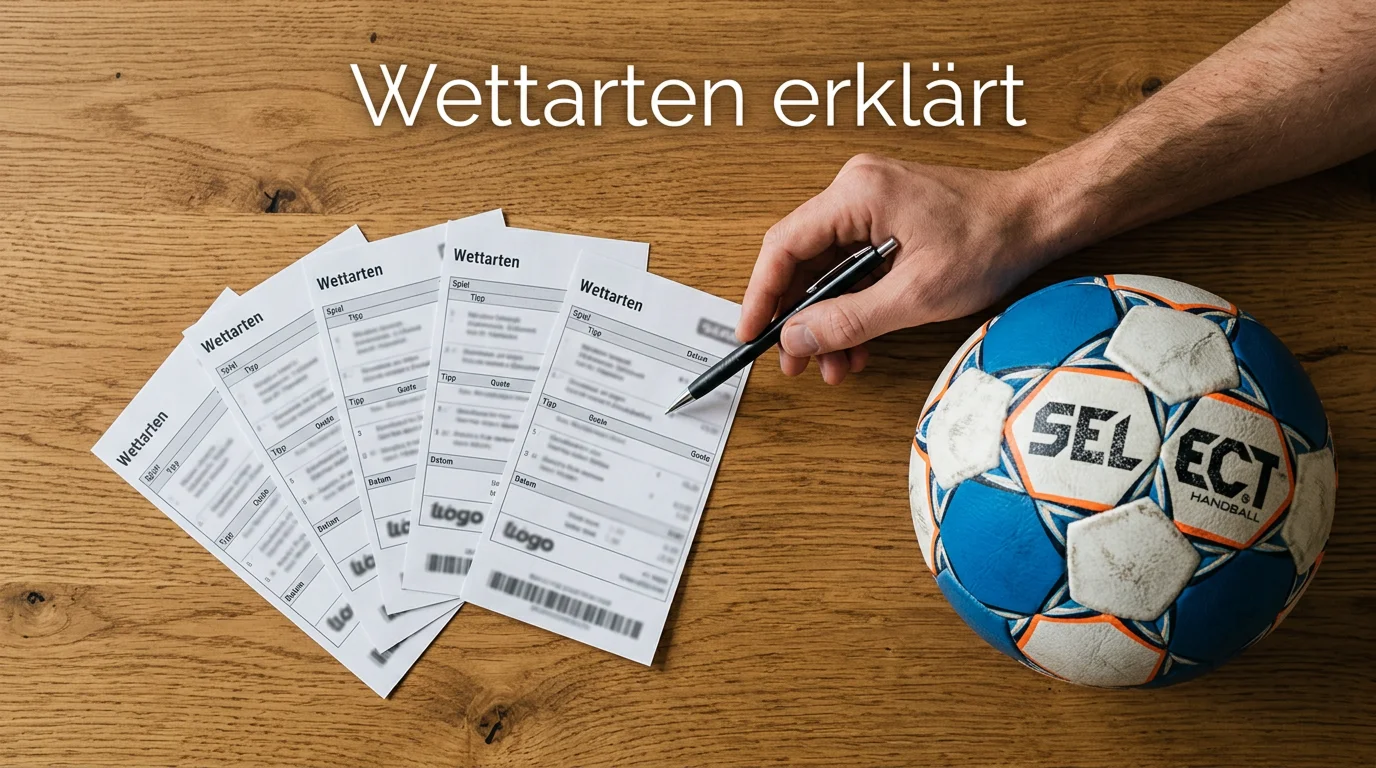 Verschiedene Handball-Wettscheine auf einem Tisch mit einem Handball daneben