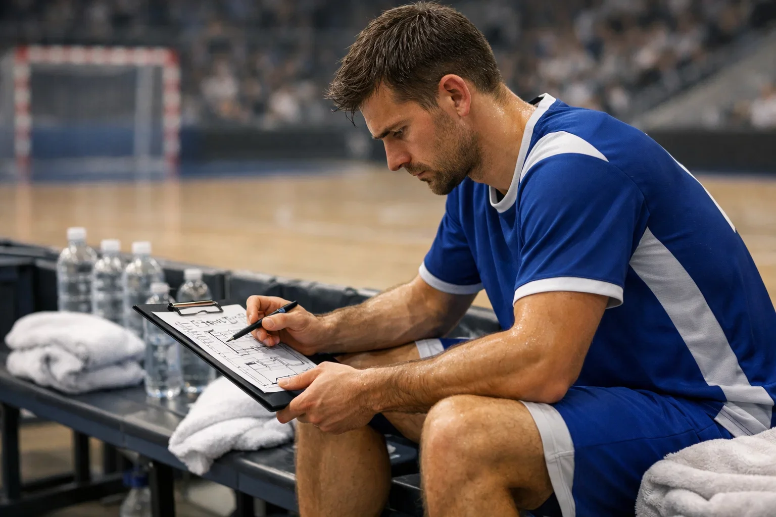 Handball Spieler studiert Taktik am Spielfeldrand