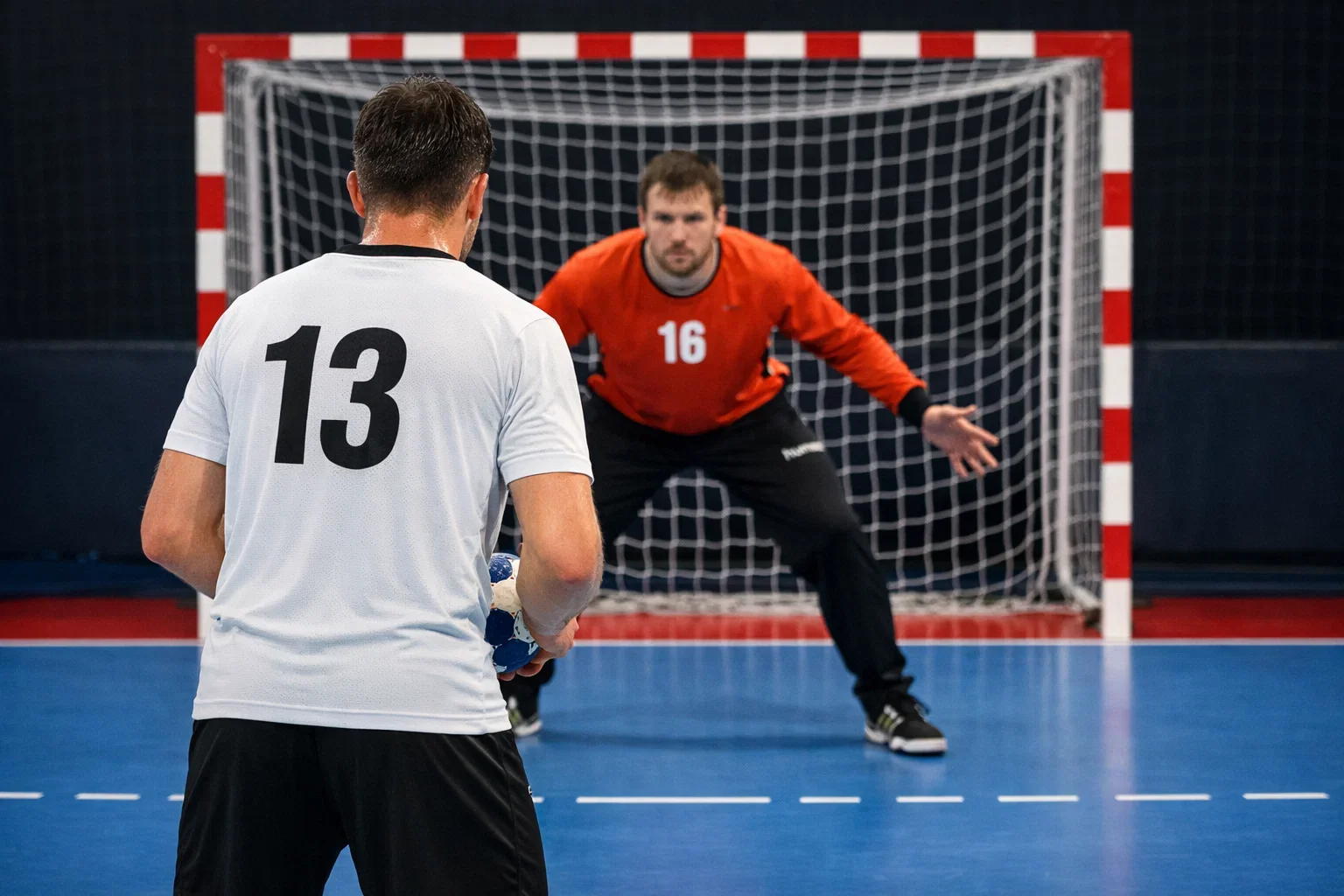 Handball Spieler führt einen Siebenmeter aus