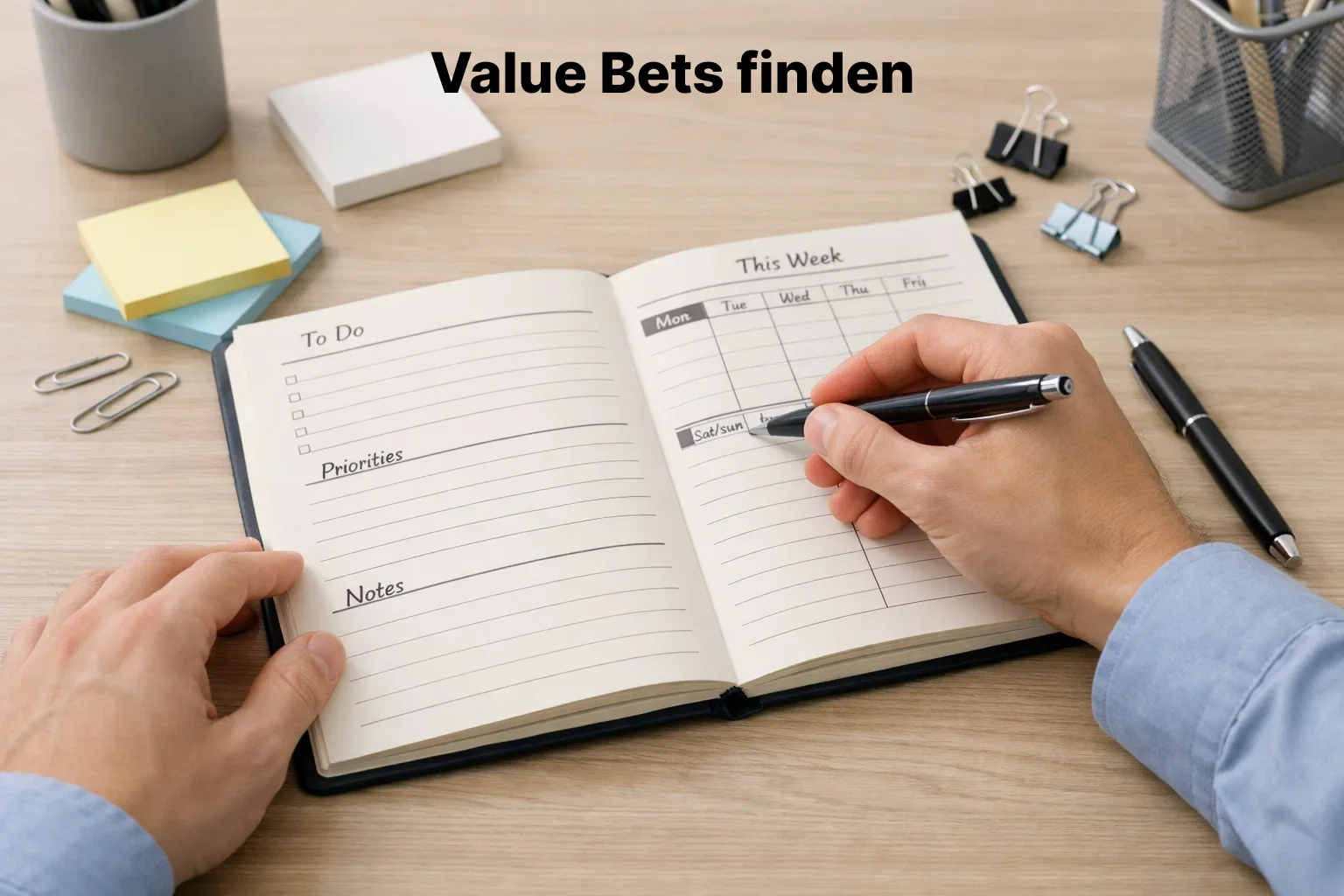 Person plant Wettstrategie am Schreibtisch