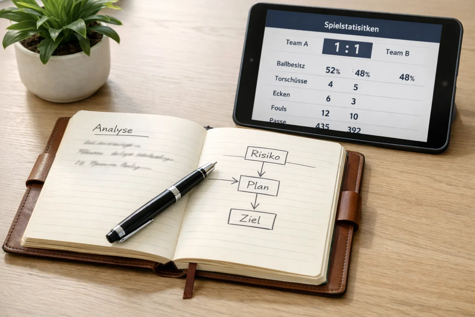 Notizbuch mit Wettstrategie-Notizen und Stift auf einem Schreibtisch